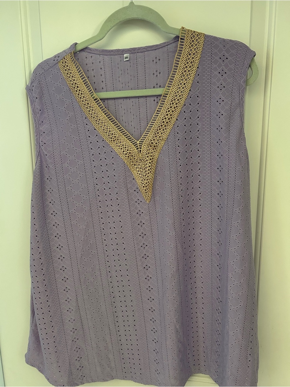 Sleeveless Eyelet V-Neck Top with Gold Trim - Lavender